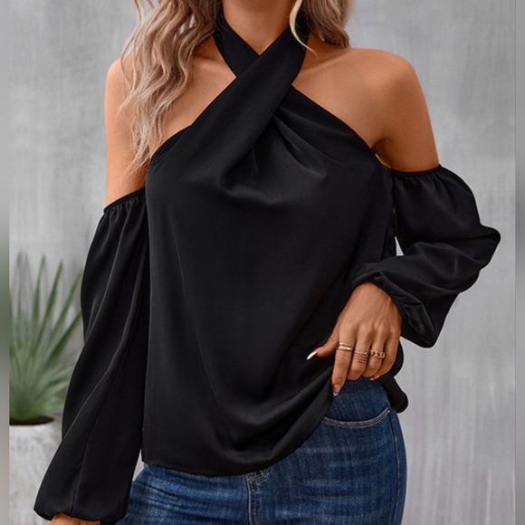 Harmony In Nature Tops - Noir Elegance Cold Shouler Top